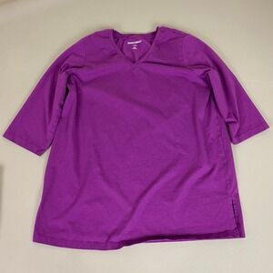 Woman Within Tunic Top Plus Size 18/20 Large Purple V Neck 3/4 Sleeve Cotton